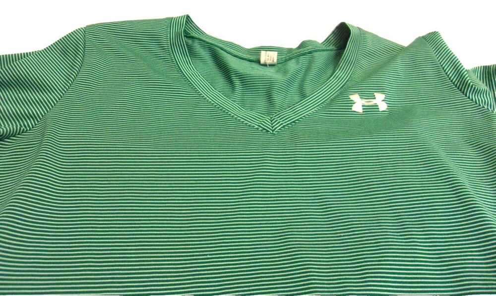Under Armour T-Shirt Sz. M Green White Thin Stripes Polyester Moisture Wicking